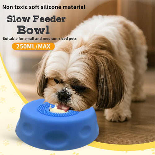 Blue Silicone Dog Liquid Lick Bowl with Floating Fun Ball - Interactive Slow Feeder & Anti-Slip Calming Pet Bowl for Dogs and Cats