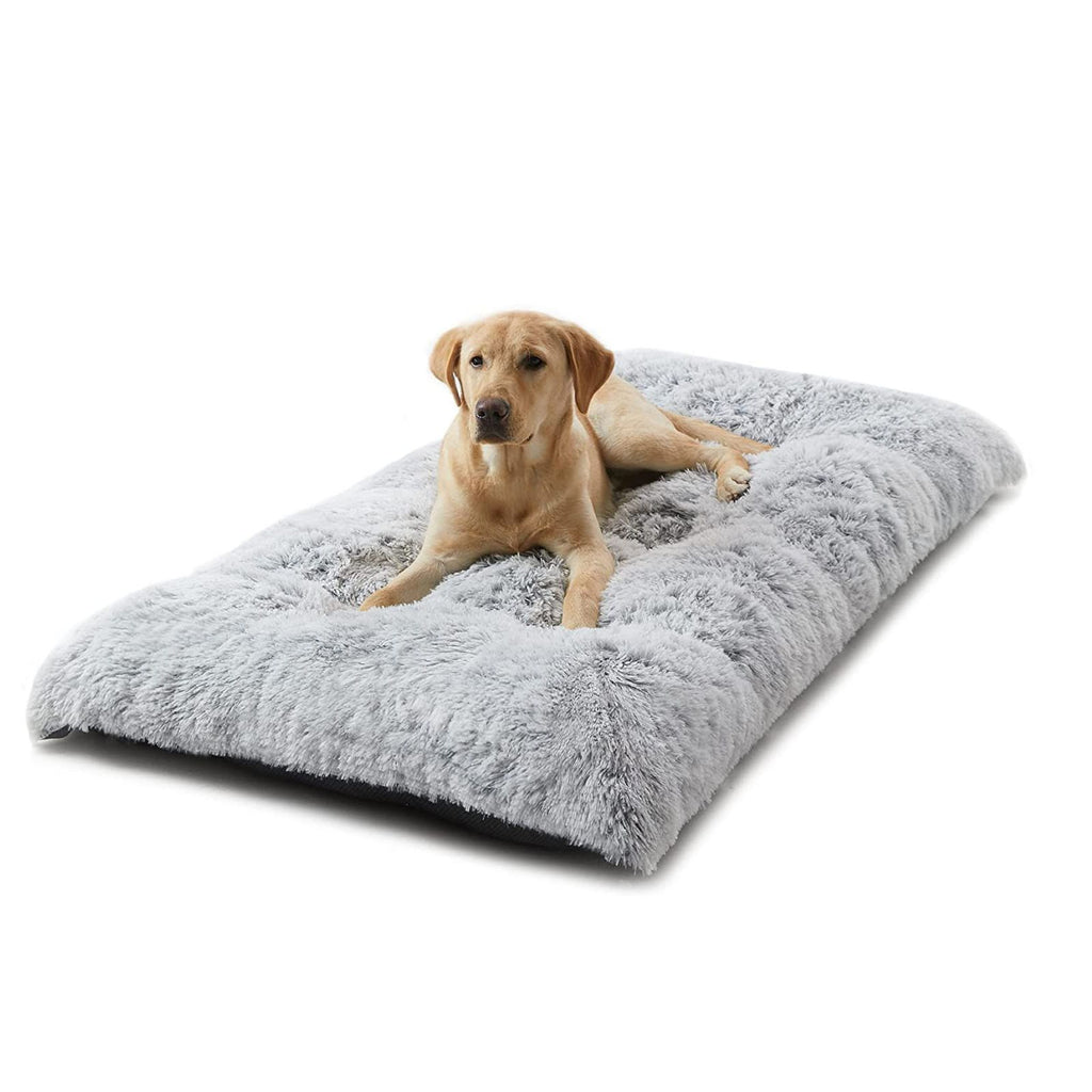 65 x 50 CM Winter Long Plush Dog Bed for Large Dogs - 10CM Thickened Fluffy Faux Fur Pad - Calming Anti Anxiety Pet Cushion with Non-Slip Bottom, Removable & Washable Heavy Duty Bedding, Grey