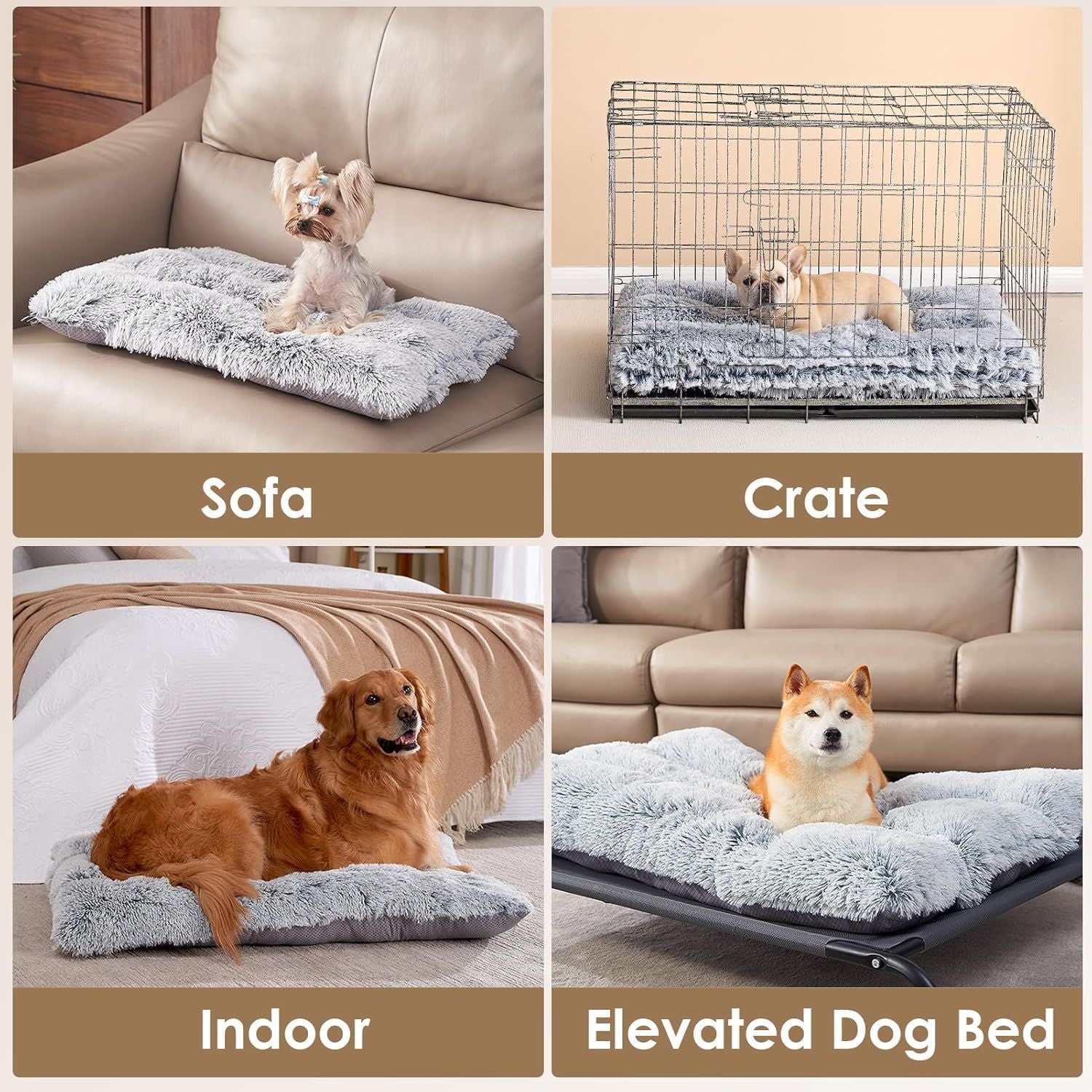 65 x 50 CM Winter Long Plush Dog Bed for Large Dogs - 10CM Thickened Fluffy Faux Fur Pad - Calming Anti Anxiety Pet Cushion with Non-Slip Bottom, Removable & Washable Heavy Duty Bedding, Grey