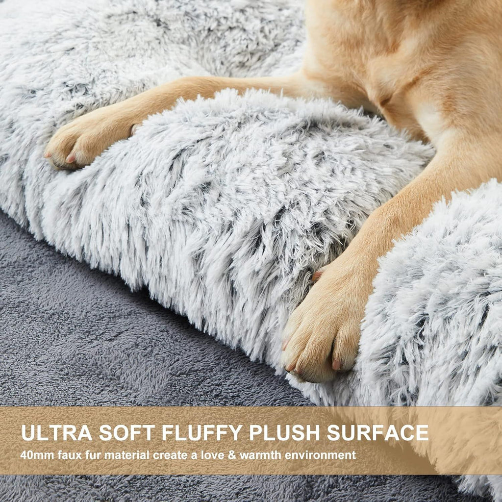 65 x 50 CM Winter Long Plush Dog Bed for Large Dogs - 10CM Thickened Fluffy Faux Fur Pad - Calming Anti Anxiety Pet Cushion with Non-Slip Bottom, Removable & Washable Heavy Duty Bedding, Grey