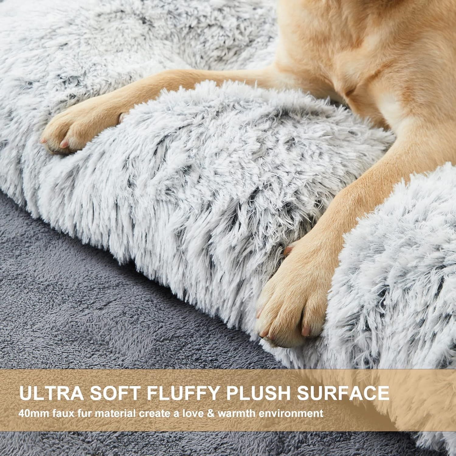 65 x 50 CM Winter Long Plush Dog Bed for Large Dogs - 10CM Thickened Fluffy Faux Fur Pad - Calming Anti Anxiety Pet Cushion with Non-Slip Bottom, Removable & Washable Heavy Duty Bedding, Grey