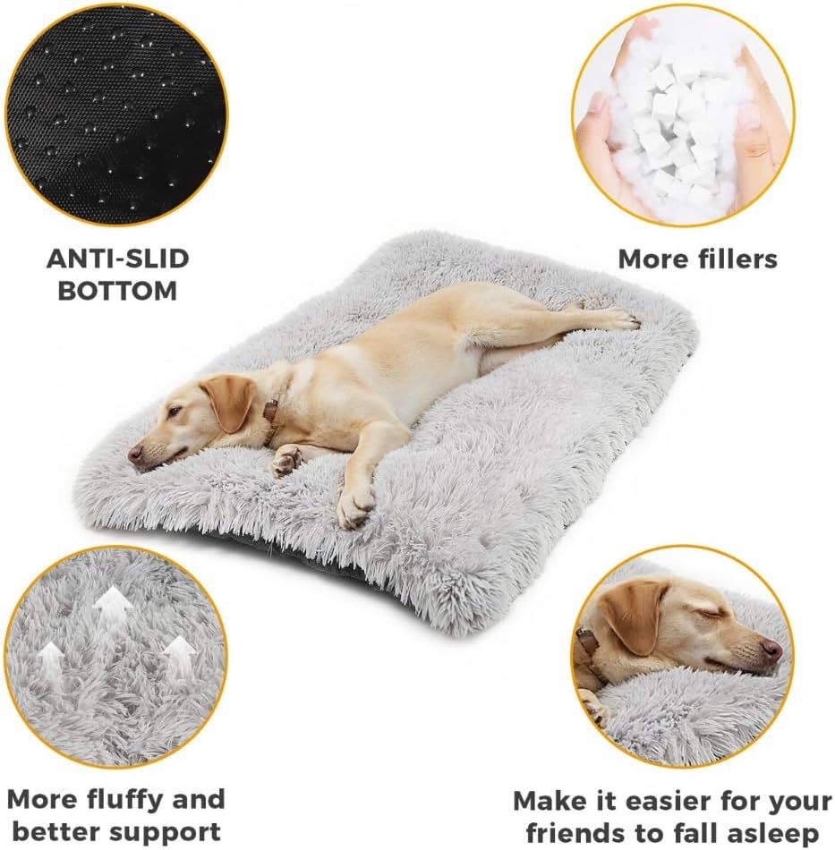 65 x 50 CM Winter Long Plush Dog Bed for Large Dogs - 10CM Thickened Fluffy Faux Fur Pad - Calming Anti Anxiety Pet Cushion with Non-Slip Bottom, Removable & Washable Heavy Duty Bedding, Grey