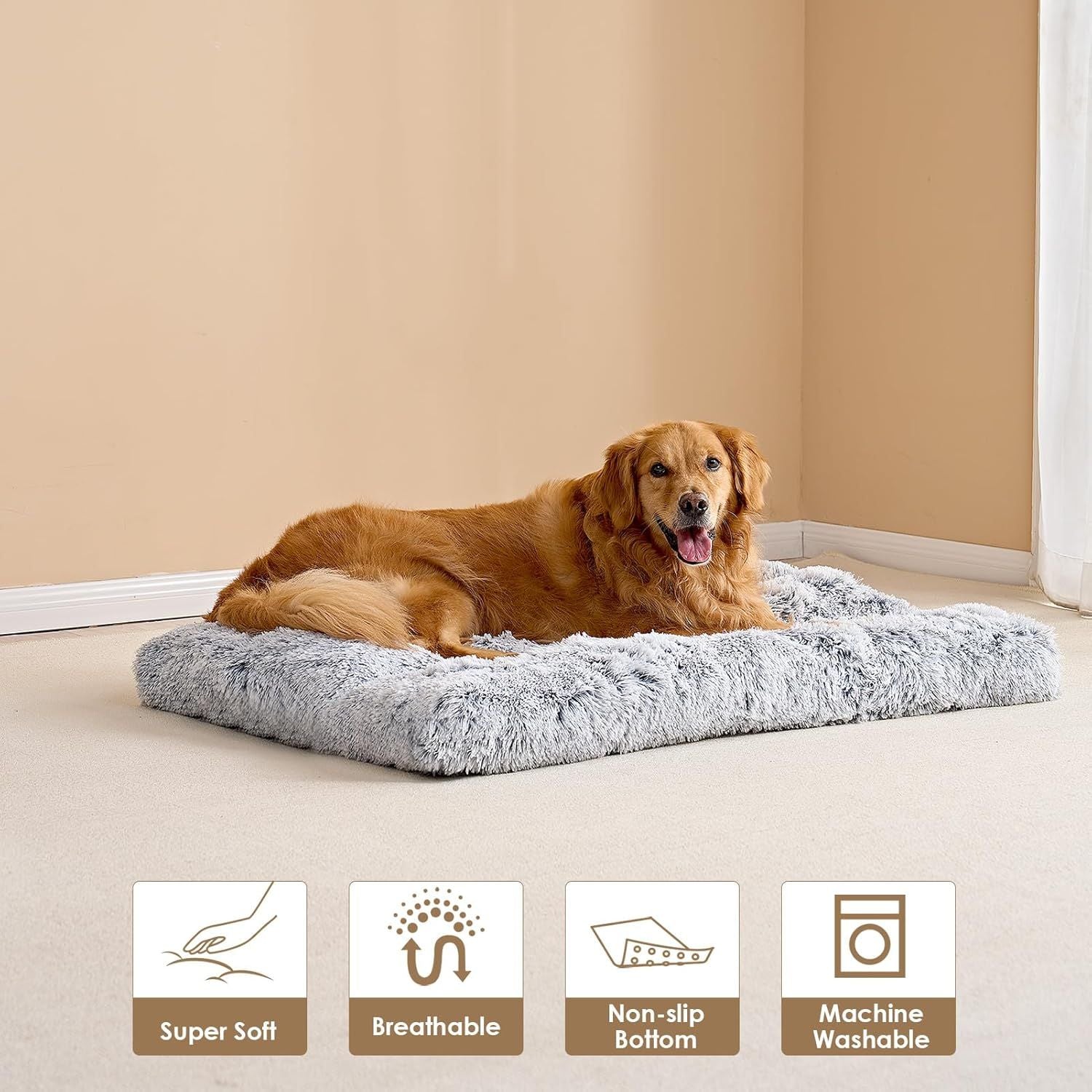 95 x 65 CM Winter Long Plush Dog Bed for Large Dogs - 10CM Thickened Fluffy Faux Fur Pad - Calming Anti Anxiety Pet Cushion with Non-Slip Bottom, Removable & Washable Heavy Duty Bedding, Grey XL Size